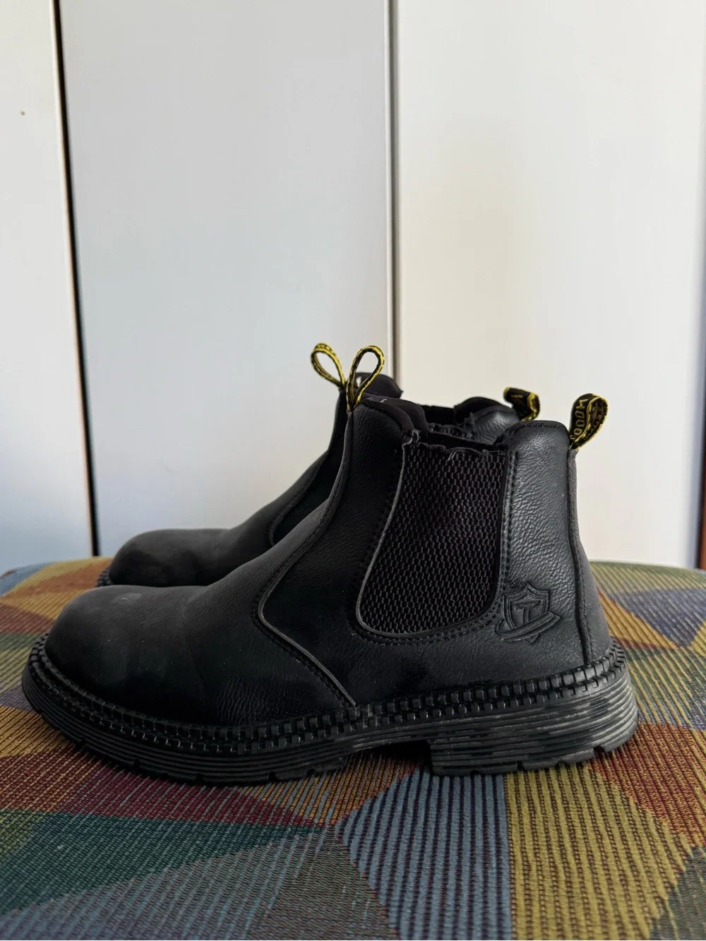 Black Leather Chelsea Boots with Yellow Pull Tabs